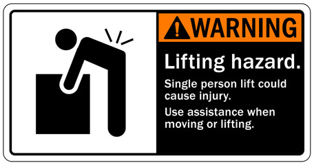 Lifting instruction sign and labels lifting hazard. Single person lift could cause injury. Use assistance when moving or lifting