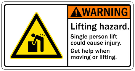 Lifting instruction sign and labels lifting hazard. Single person lift could cause injury. Get help when moving or lifting