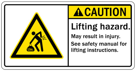Lifting instruction sign and labels lifting hazard. may result in injury. See safety manual for lifting instructions