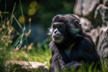 Obraz premium A little monkey was observing while perched on the grass. Generative AI