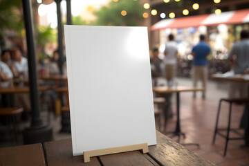 Blank white poster menu sign paper mockup on wood table in outdoor restaurant cafe for advertising, marketing, template