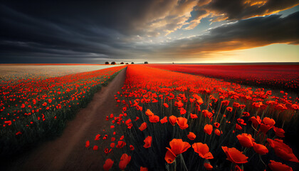 A field of vibrant red poppies with a beautiful sky in the background, generative AI