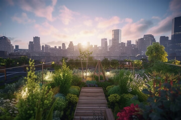 Obraz premium Garden in a rooftop with city skyline view background made by generative ai