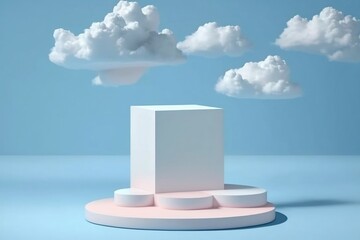 3D clouds and skies background with a white podium. standing on water. Product promotion step pedestal. Abstract minimal advertise. 3D render copy space mockup generative AI