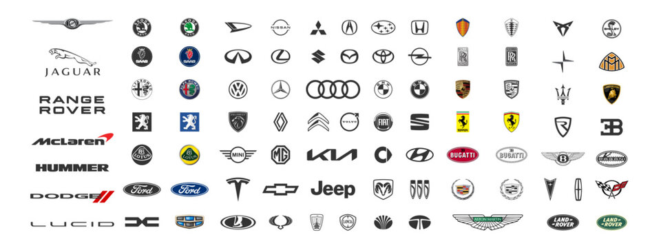 All car мodern brends logo icon. All American cars logotype, all Japanese cars logo, all german cars sign, all french cars symbol, all sports car brands, all luxury cars logotype editorial vector flat