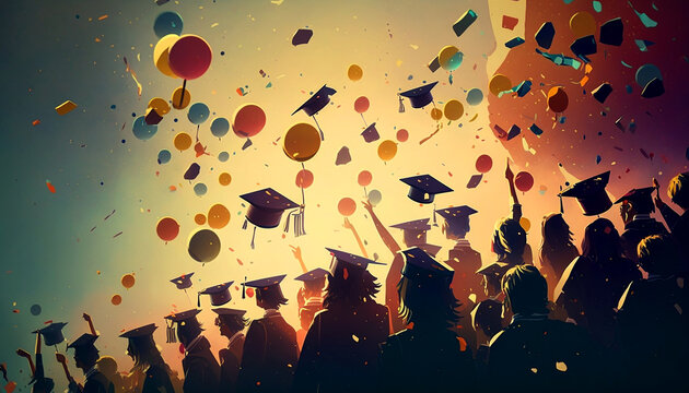 Graduated Students Throwing Graduation Caps In The Air.