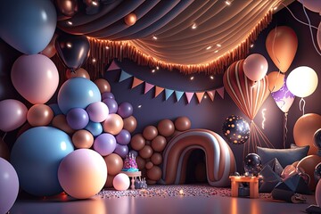 Party background with balloons. Birthday theme. Generative AI