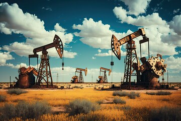 Fototapeta na wymiar Group of oil pumps in the field. Rural scene. Oil and gas production.Generative AI
