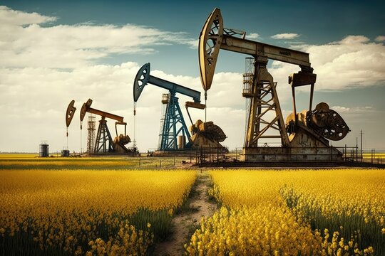 Group of oil pumps in the field. Rural scene. Oil and gas production.Generative AI