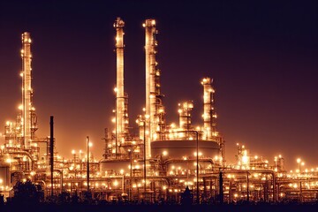 Fototapeta premium Nighttime photo of oil and gas refinery plant. Generative AI