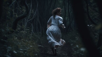 Young anxious woman runs through the forest in panic - made with Generative AI tools