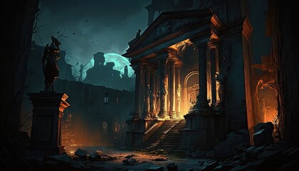Roman styled medieval city in ruins. Ancient city after an apocalypse. Illustration, generative ai