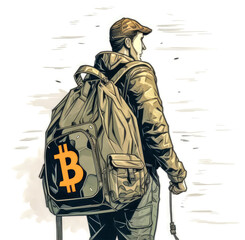 man with backpack on which is a bitcoin logo