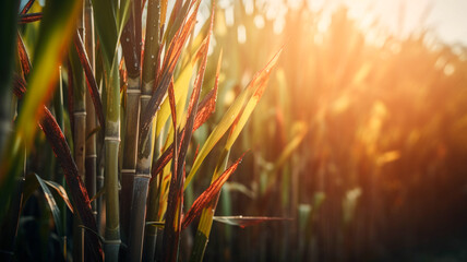 Sugar cane in plantation with sunlight. Generative AI - obrazy, fototapety, plakaty