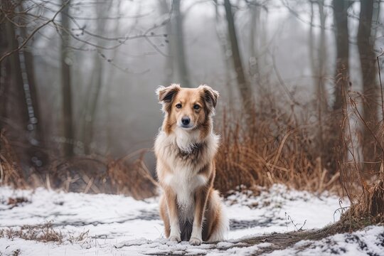 dog mix in the icy woodland. Generative AI