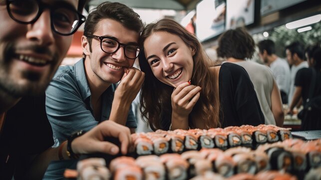 Sushi lovers - people in a Japanese restaurant eating Sushi - made with Generative AI tools