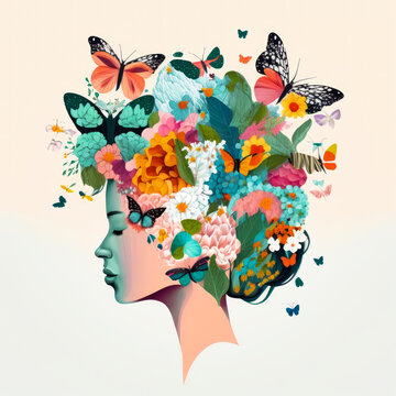 A woman with butterflies and flowers as hair, spiritual head of a woman as painted AI image