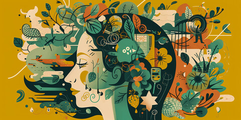 A woman with plants and flowers as hair, spiritual head of a woman as painted AI image