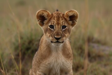 Obraz na płótnie Canvas A picture of a lion cub. captured in Kenya's Maasai Mara Game Reserve. Generative AI