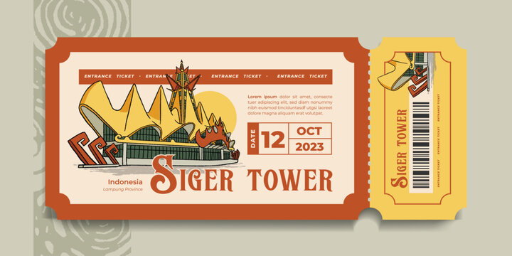 Tourism event voucher ticket with lampung landmark siger tower hand drawn illustration