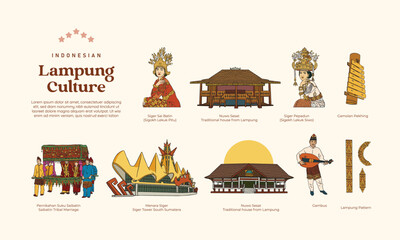 Fototapeta na wymiar Set of isolated Lampung culture hand drawn illustration