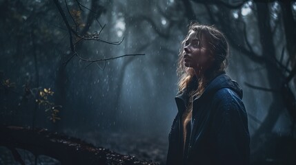Young anxious woman stands alone in the forest in the rain - made with Generative AI tools