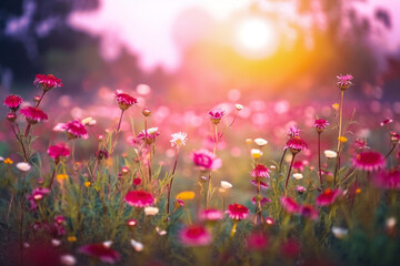 A field of flowers with the sun setting made with generative AI