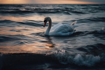 Around dusk, along the Baltic coast in the Kaliningrad area of Russia, a swan is seen floating in the water. Generative AI
