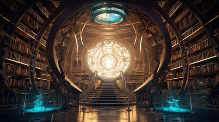 Obraz premium Illustration of a fantasy portal in a wizard's library.