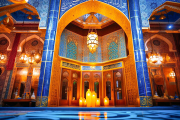 Obraz premium A beautiful photograph of a mosque at night, with the focus on the illuminated mihrab and minbar made with generative AI