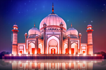 Fototapeta na wymiar A mesmerizing photograph of a mosque at night during Ramadan. The mosque is bathed in a soft pink glow ,with generative AI