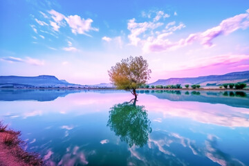 Fototapeta premium A mesmerizing photograph of a lake during Ramadan, with the water reflecting the colors of the sky made with generative AI