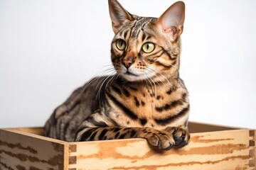 A white background is used to depict a brown Bengal cat in a wooden box. Generative AI