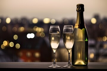 Sparkling champagne glasses and bottle on balcony with spectacular view over city skyline. Silvester celebration, New Year's Eve, Happy New Year, AI generative