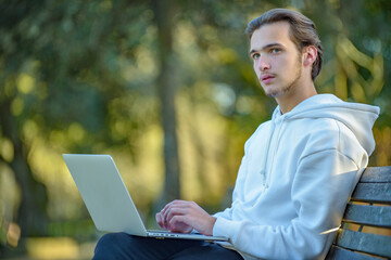 Portrait of thinking student at the park with laptop on his legs looks away.