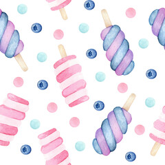 Watercolor pattern of ice cream and fruit. Summer texture of ice cream, berries and dots on a white background.
