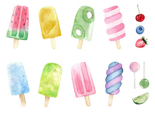Set of fruit popsicle, sweets, berries and ice cream isolated on white background. Watercolor hand drawn illustration