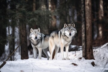 Naklejka premium Wolves in the woods. Generative AI