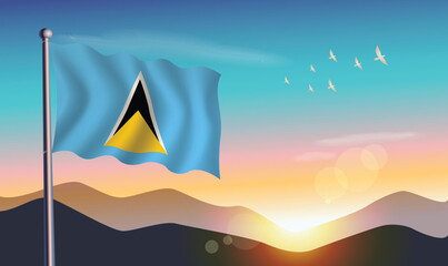 ST. Lucia flag with mountains and morning sun in background