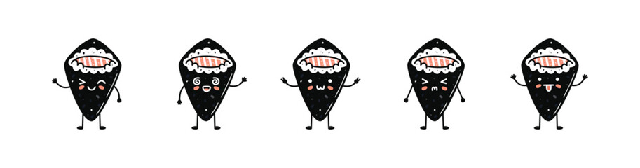 Set of kawaii temaki sushi mascots in cartoon style