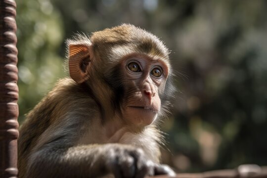 Close up of monkey on railing. Generative AI
