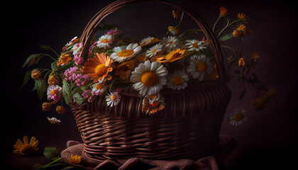 A rustic bouquet of yellow daisies in wicker ,generative AI
