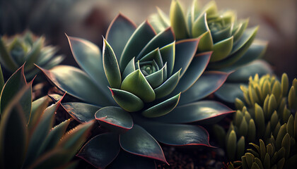 Fototapeta premium Green succulent plant with sharp thorns outdoors ,generative AI