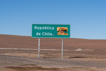 Laguna verde, Chile - February 22, 2023: Republic of Chile (Republica de Chile ) border sign at the border between Chile and Bolivia, Laguna verde, Chile. 