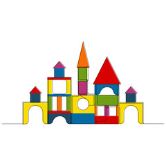 Continuous one line drawing of toy castle. Children's building blocks. Simple vector illustration