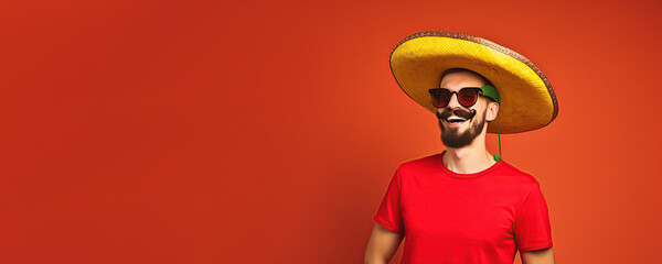 happy man with mustache and mexican hat celebrating, festival in mexico, traditional party 