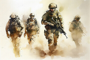 watercolor a group of soldiers walking in the desert, veteran's day - obrazy, fototapety, plakaty