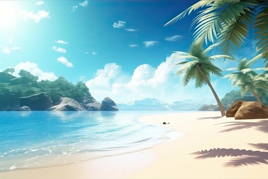 Beautiful stunning beach summer concept featuring crystal clear water, white sand and blue skies. Generative AI