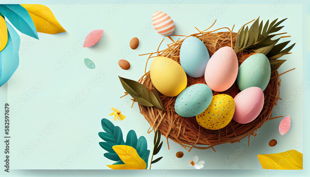 Poster happy easter day concept. top view easter eggs isolated on white background with copy space for text