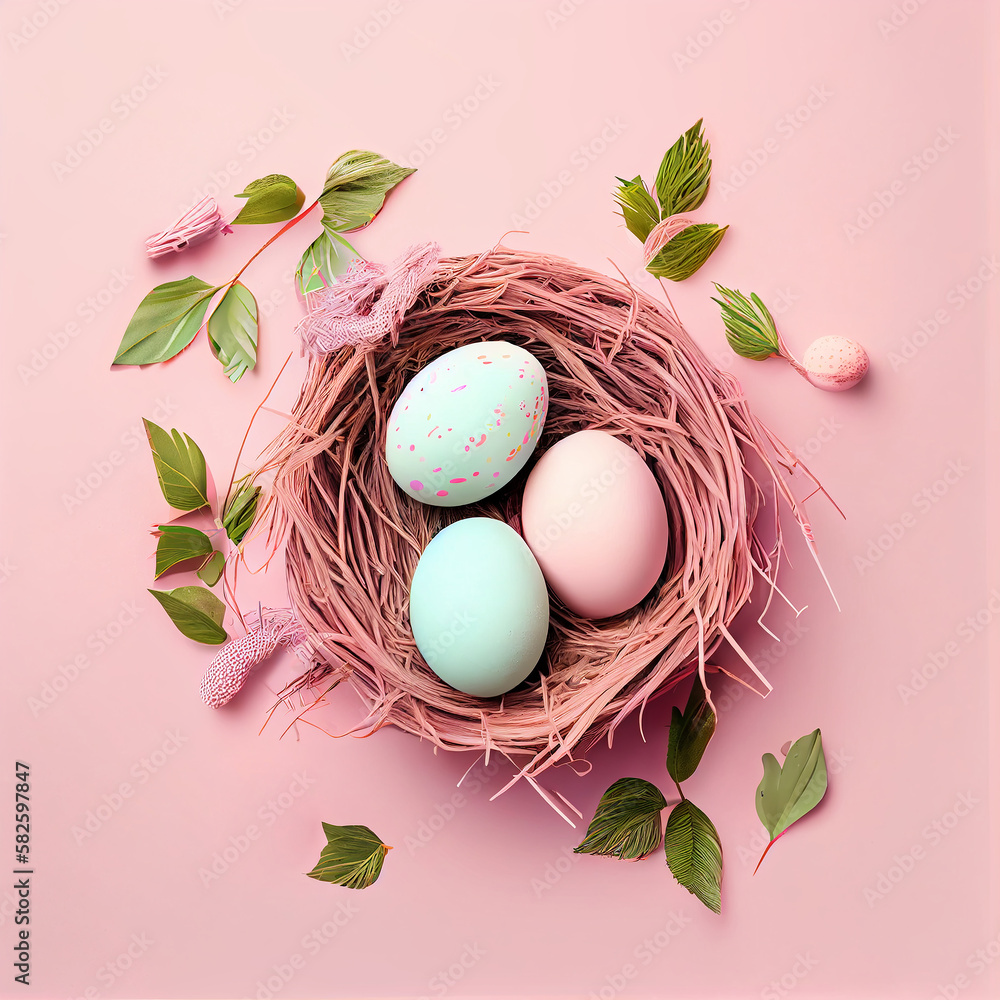 Poster happy easter day concept. top view easter eggs isolated on white background with copy space for text